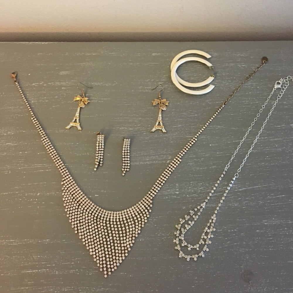 Rhinestone Jewelry Set, 3 earrings, 2 necklaces